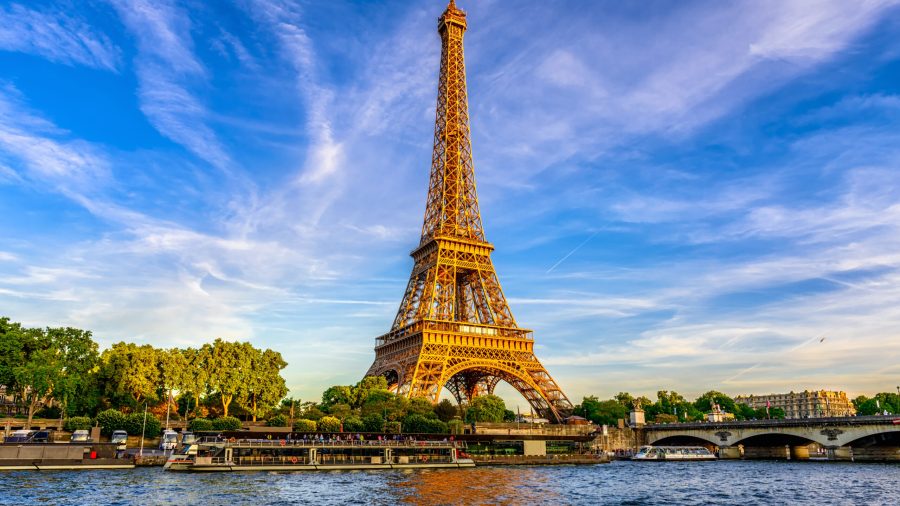 Paris Eiffel Tower and river Seine at sunset in Paris, France. E